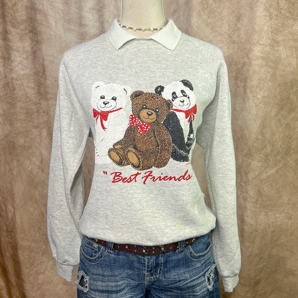 Teddy Bear Sweater Best Friends Collared Sweatshirt Gray Vintage 90s Grandma